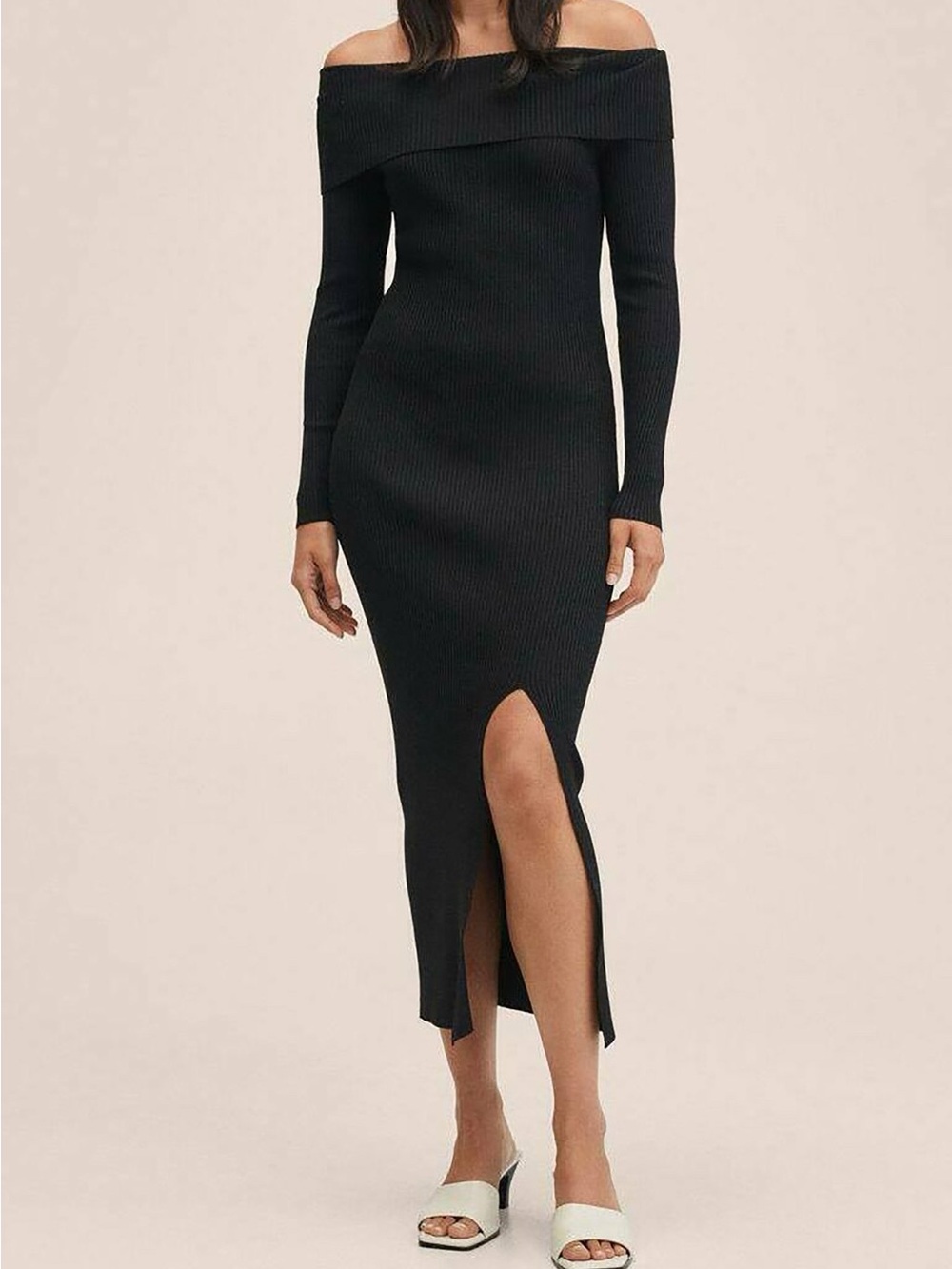 🖤 MANGO Off-Shoulder Black Ribbed Midi Dress with Front Slit Size Small 🖤 EUC